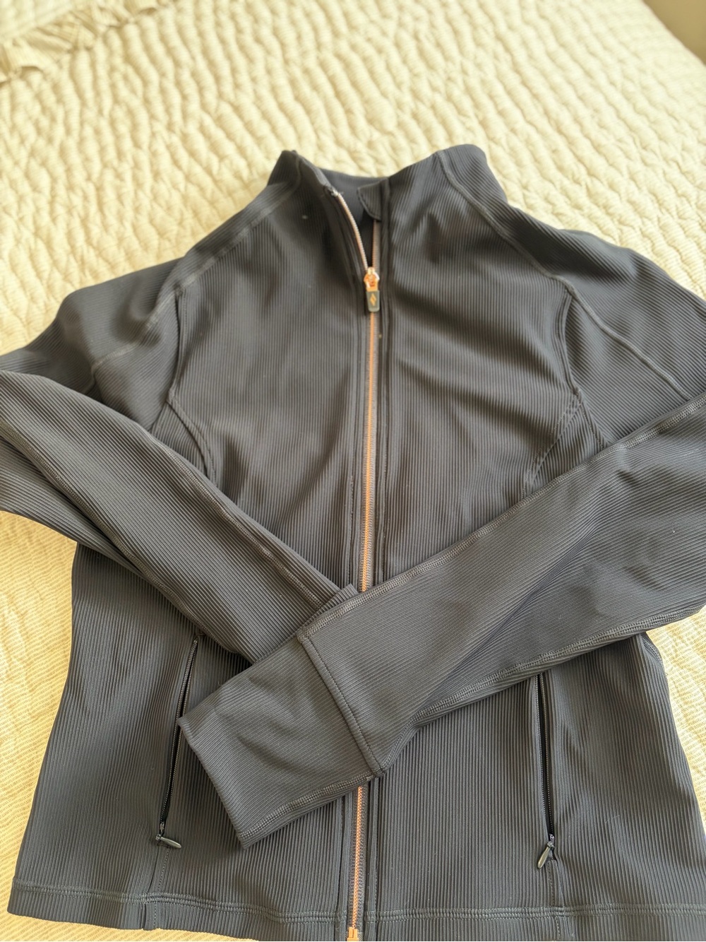 Black Ribbed Zip-Up Jacket with Rose Gold Zipper